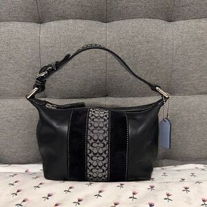 Sold-Vintage Coach Signature black canvas, leather, and suede Demi mini bag